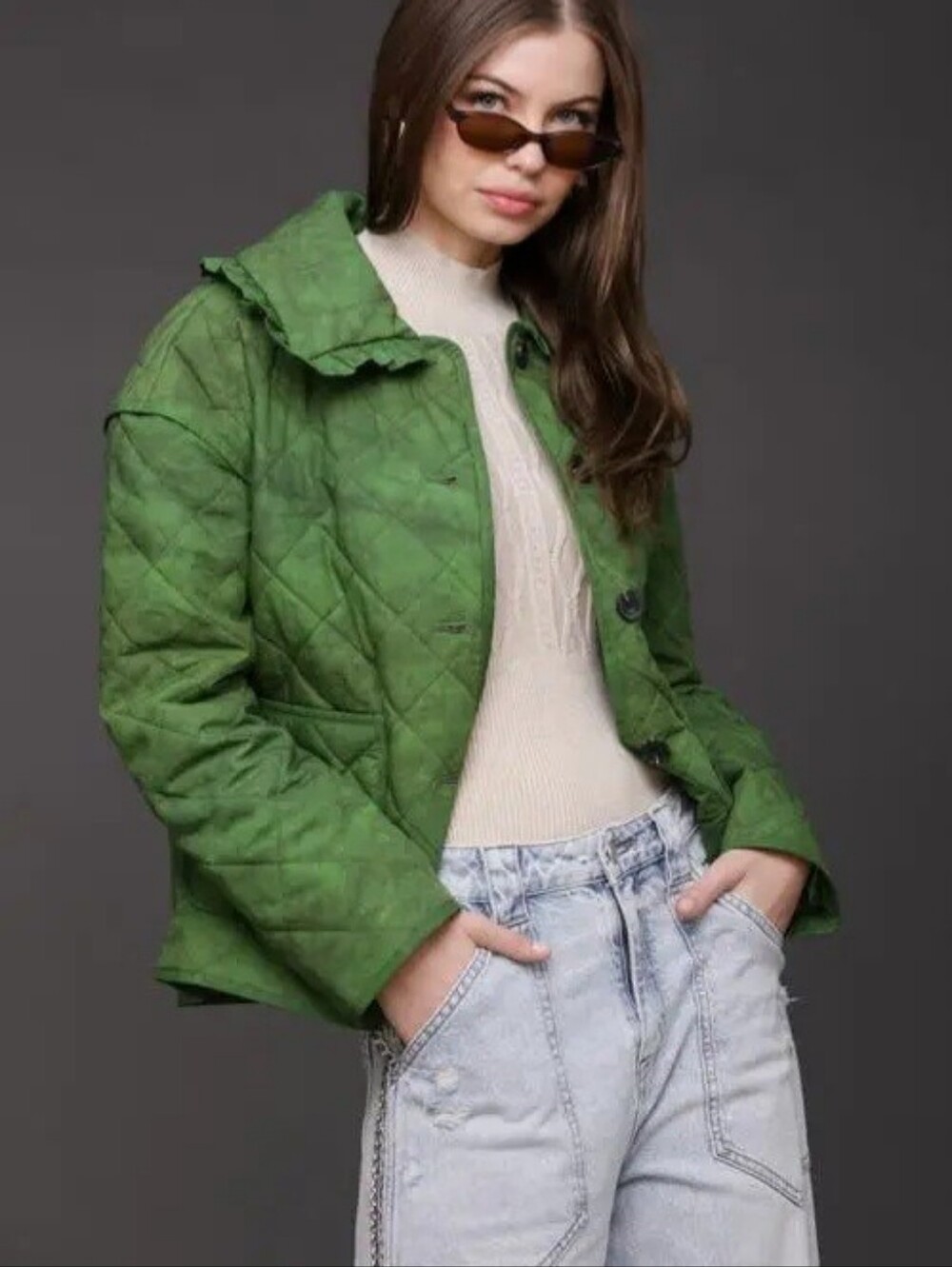 Avec Les Filles Womens Ruffle Collar Quilted Jacket Size XS Green